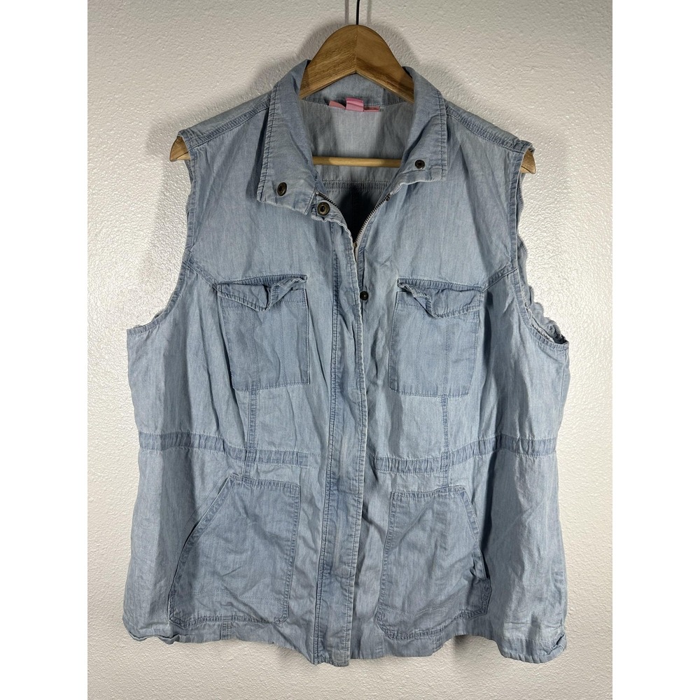 Woman Within Vest Womens M 14/16 Blue Chambray Zip Up Utility Pockets Sleeveless